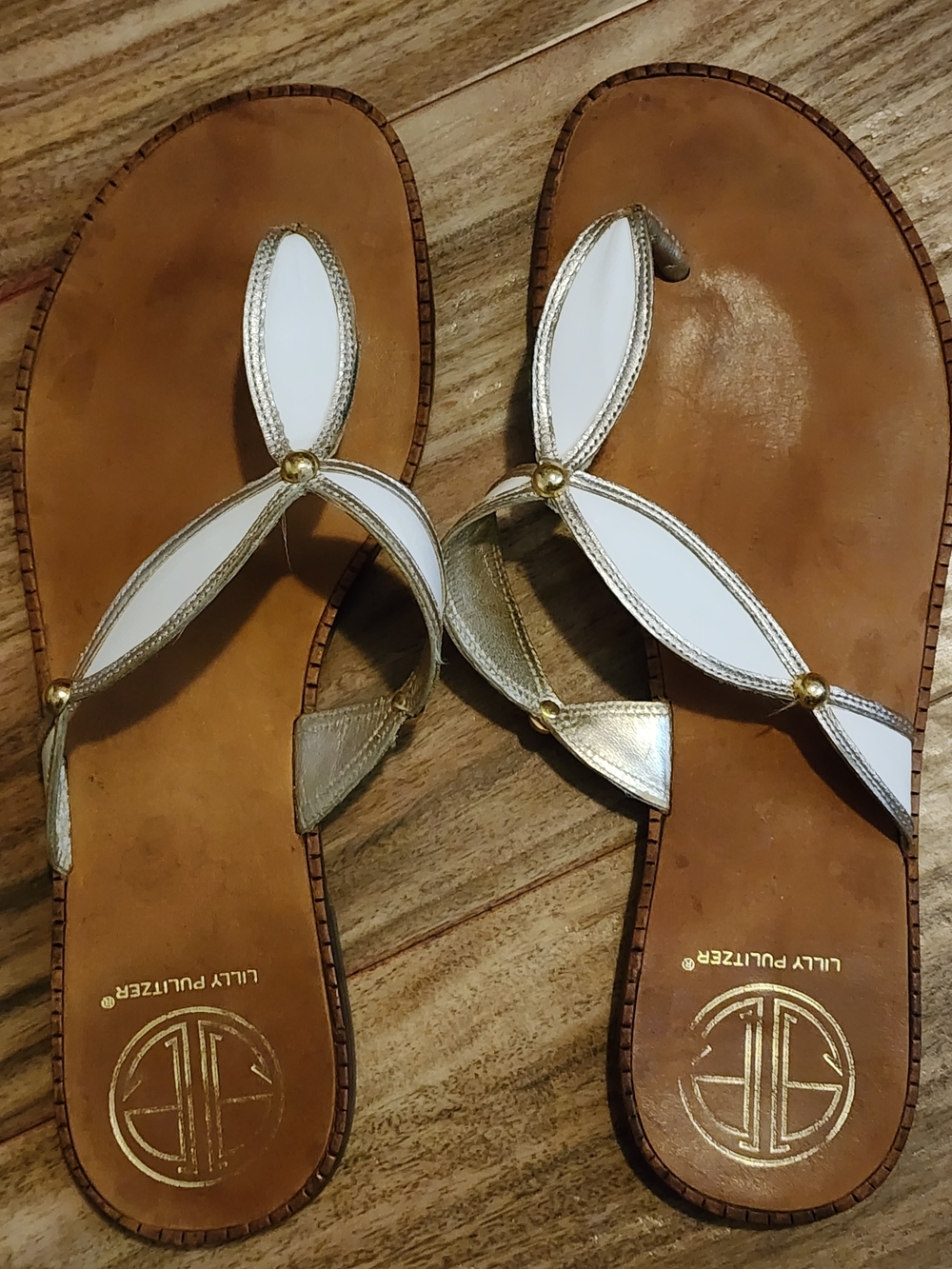Lilly Pulitzer White and Gold Leather Thong Sandals - Picture 5 of 7